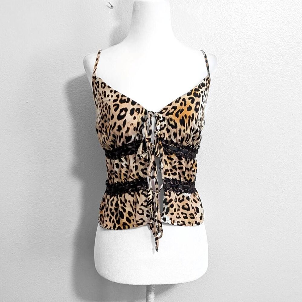 No Boundaries Leopard Print Lace Trim Tie-Front Cami Top Y2K Mcbling | Size L